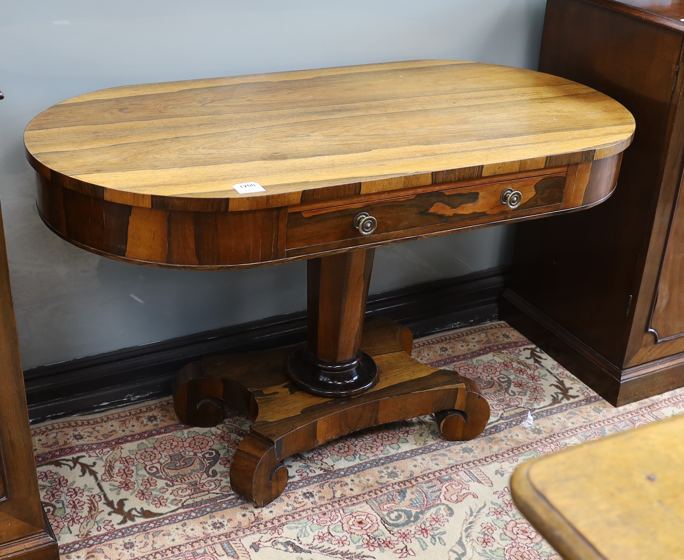 An early Victorian rosewood centre table, fitted with a single drawer, width 117cm, depth 58cm, height 68cm